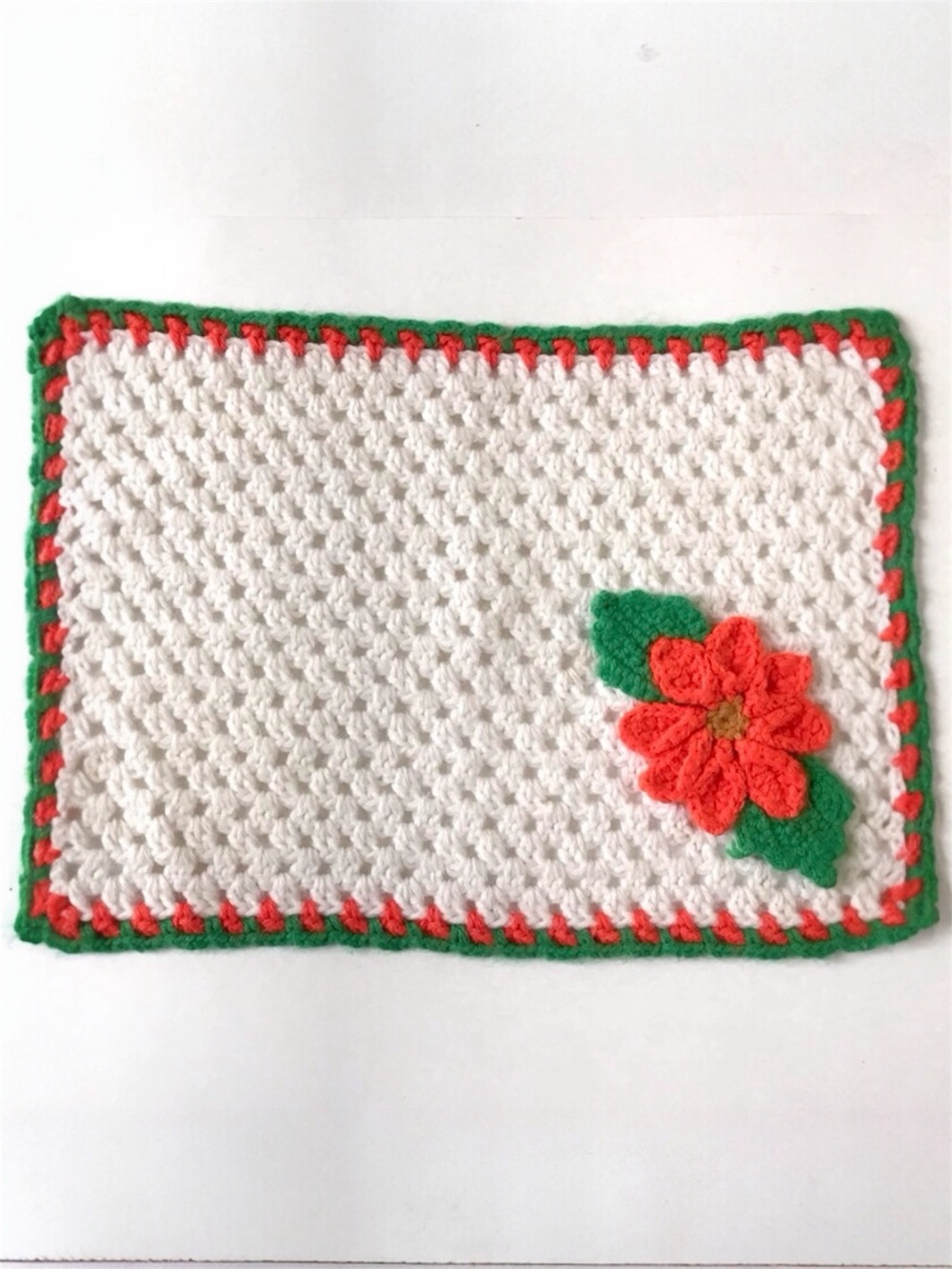 Vintage Christmas Handmade Crochet Placemat 3D Poinsettia White Red Green Yarn